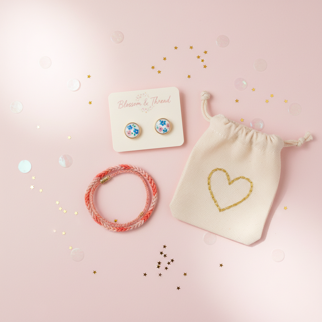 A whimsical, gift-ready flat lay of color-coordinated handmade accessories for women: a pair of tiny hand-painted floral stud earrings on a branded backing card, a braided friendship bracelet in blush, coral, and gold thread, and a small embroidered canvas pouch with a minimalist heart stitched in metallic thread. They are arranged on a soft blush backdrop dotted with confetti circles and metallic star-shaped sequins. Soft studio lighting from both sides eliminates harsh shadows, creating even illumination and gentle highlights on metallic elements. Photographic realism with a clean, modern aesthetic, framed with generous negative space and a shallow depth of field that subtly blurs the edges. The mood is lighthearted, fun, and playful, capturing the charm of small, thoughtful handmade gifts designed especially for women.
