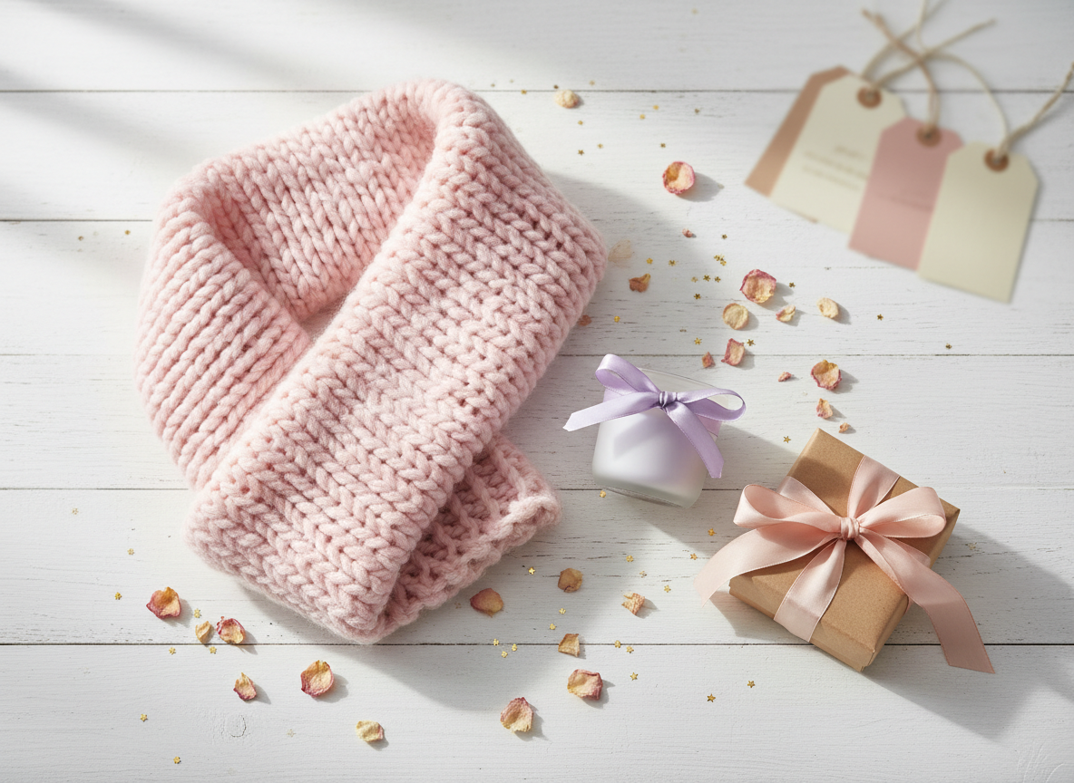 A carefully arranged flat lay of handmade gifts tailored for women, featuring a pastel pink knitted scarf with chunky, soft yarn, a small lavender-scented soy candle in a frosted glass jar tied with a satin ribbon, and a dainty jewelry box wrapped in kraft paper with a blush silk bow. They rest on a whitewashed wooden table sprinkled with dried rose petals and tiny gold foil stars. Soft morning window light from the left creates gentle highlights and delicate shadows, with a dreamy bokeh of blurred gift tags and twine in the background. Photographic realism, shot from a bird’s-eye view with a playful, inviting mood and a bright, airy palette that feels joyful and celebratory.