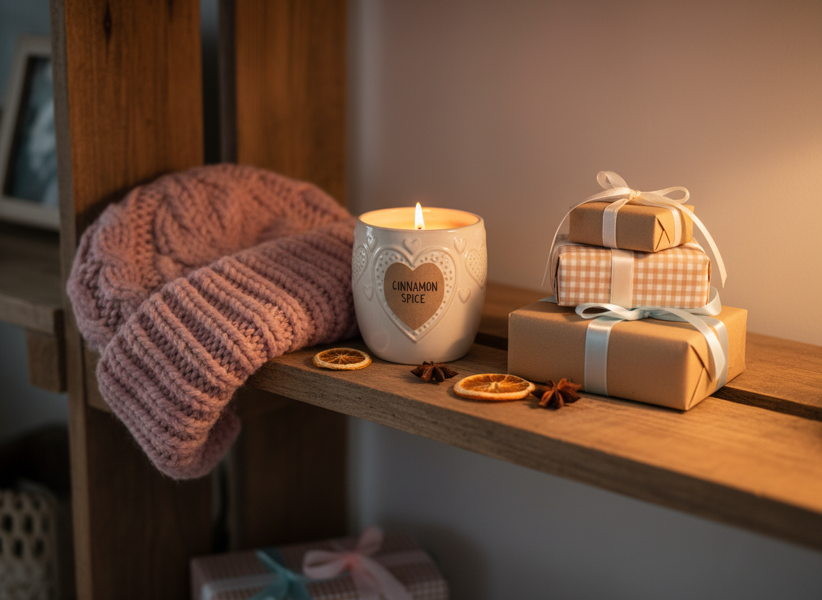 A rustic wooden shelf styled with a collection of seasonal handmade gifts for women: a knitted chunky beanie in soft blush yarn draped over the edge, a cinnamon-scented candle in a matte ceramic jar with a simple embossed heart, and a small stack of kraft-wrapped gift boxes tied with gingham and satin ribbons in complementary pastel shades. Tiny dried orange slices and star anise are scattered decoratively along the shelf. Warm, cozy lamplight from the right creates golden highlights and rich shadows, adding depth to the wood grain and fabrics. Photographic realism, eye-level composition with a medium depth of field that keeps the main gifts sharp while gently blurring the back of the shelf, creating a welcoming, playful, and slightly rustic atmosphere.
