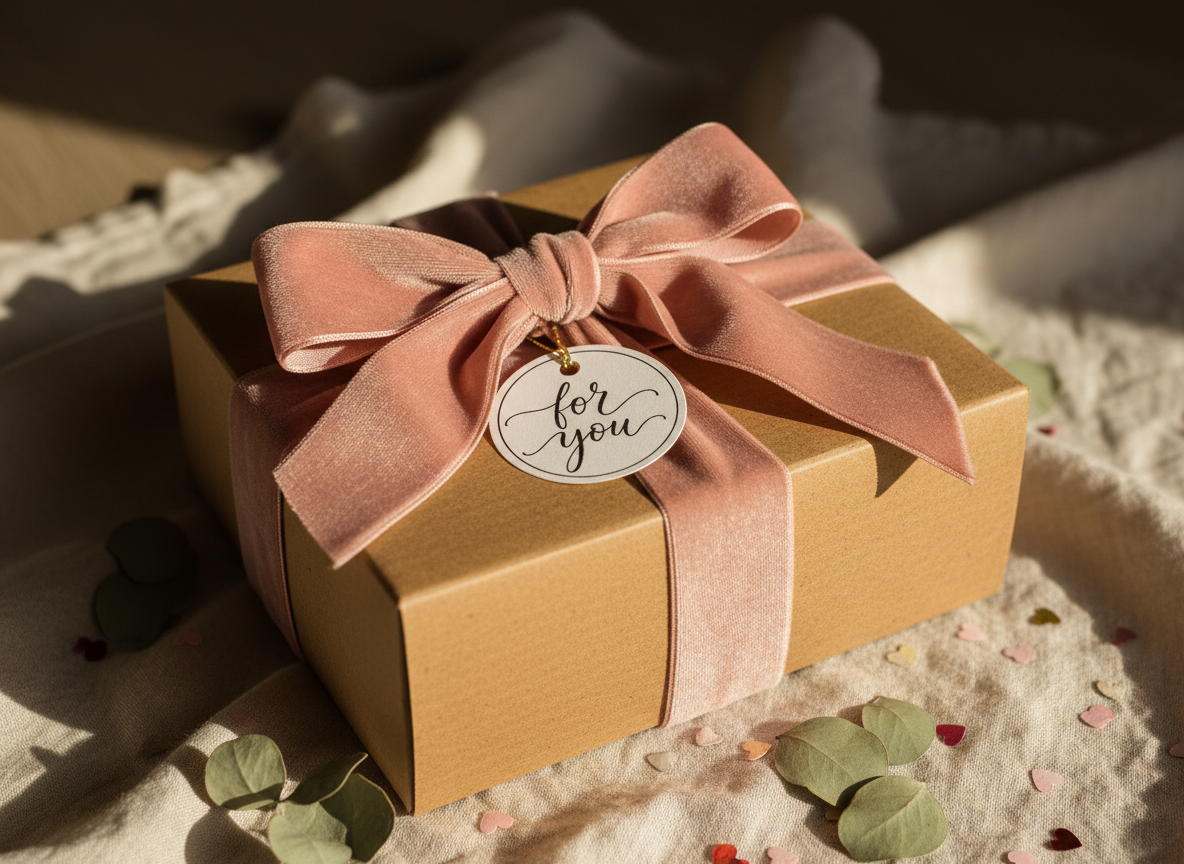 A close-up of a charming homemade gift box designed for a special woman, made from sturdy recycled kraft cardboard and wrapped with a wide, blush-pink velvet ribbon tied in an oversized bow. A circular hand-lettered tag reading “for you” dangles from thin gold twine. The box sits slightly off-center on a pale cream linen cloth, surrounded by scattered dried eucalyptus leaves and confetti hearts. Warm golden-hour sunlight filters in from the right, casting soft, elongated shadows and a gentle glow on the textures of ribbon and paper. Photographic realism, shot at a slightly elevated angle with shallow depth of field, creating a cozy, playful, and heartfelt atmosphere perfect for a handmade gift brand.