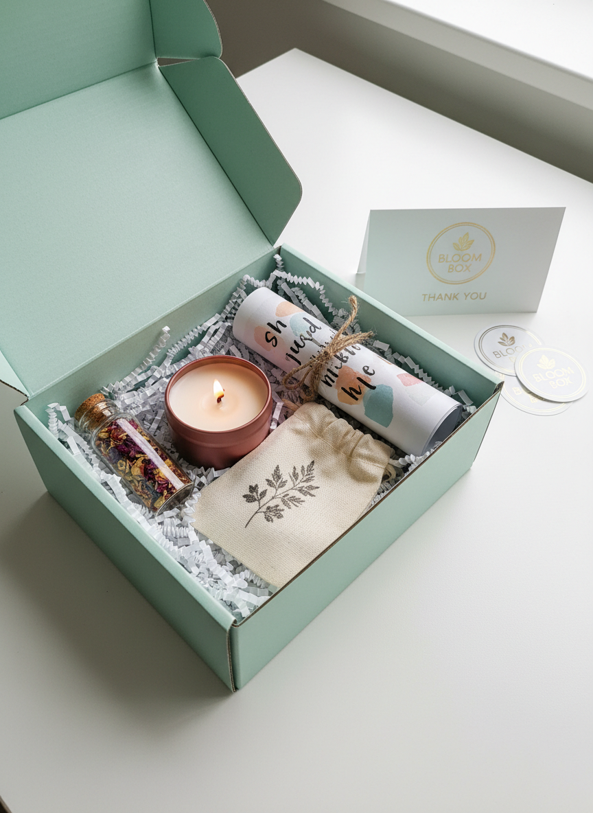 An open pastel mint shipping box lined with crinkled white tissue paper, revealing a curated subscription-style assortment of handmade women’s gifts: a miniature soy candle in a rose-colored tin, a tiny glass vial of dried flower petals, a rolled-up inspirational art print tied with twine, and a small sachet of fragrant loose tea in a stamped muslin bag. The box sits on a clean white desk alongside a branded thank-you card and a roll of custom logo stickers. Bright, diffused studio lighting from above and slightly to the left creates a crisp, modern look with soft shadows. Photographic realism, shot from a three-quarter overhead angle, with a playful, welcoming atmosphere that suggests an unboxing moment full of delight.