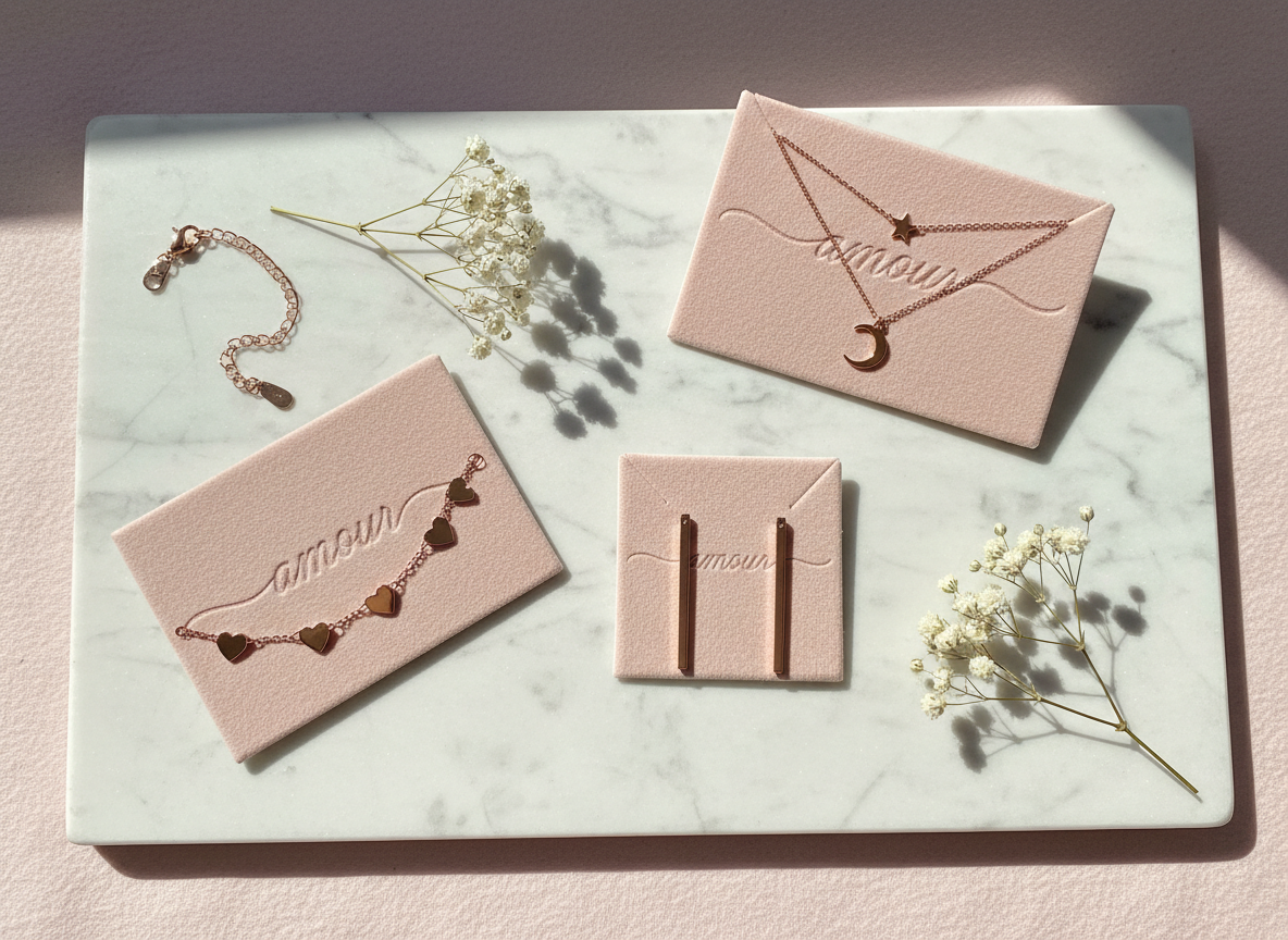 A delicate handcrafted jewelry flat lay: a rose-gold chain bracelet with tiny heart charms, a pair of minimalist bar earrings, and a fine layered necklace, each arranged neatly on individual soft blush velvet cards with subtle embossed branding. The pieces rest on a marble slab atop a pale pink background, with small dried baby’s breath sprigs adding softness and texture. Natural window light from the top left casts gentle shadows and creates subtle, sparkling reflections on the metal surfaces. Photographic realism, shot from above with careful rule-of-thirds composition and ample negative space. The mood is feminine, refined, and playfully elegant, perfectly suited for showcasing special, handcrafted pieces made as gifts for women.
