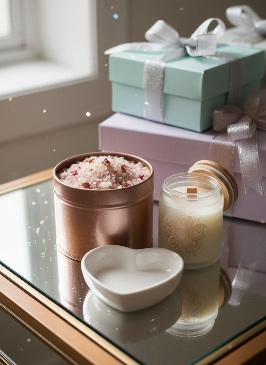 An elegant glass-topped vanity table holding a curated collection of handmade gifts: a rose-gold tin filled with artisanal bath salts in shades of blush and ivory, a small hand-poured soy candle with a wooden lid etched with a delicate floral design, and a dainty trinket dish shaped like a heart in glossy white ceramic. Behind them, a blurred backdrop of stacked pastel gift boxes with metallic accents creates depth. Soft diffused afternoon light from a nearby window reflects off the glass surface, creating subtle highlights and sparkles. Photographic realism, eye-level composition with a shallow depth of field and a soft, feminine, playful mood, emphasizing thoughtful, luxurious homemade treats designed for women.