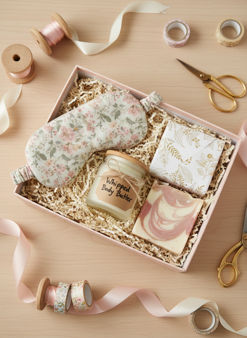 A cozy, photographic scene of a handmade self-care gift set arranged inside an open, pale blush gift box lined with shredded ivory crinkle paper. Nestled inside are a floral-printed fabric sleep mask with soft elastic, a small jar of whipped body butter in a frosted container with a handwritten label, and a bar of marbled artisan soap wrapped in decorative paper with gold foil accents. The box rests on a light oak table, with spools of ribbon, scissors, and washi tape scattered casually nearby. Overhead, bright but diffused daylight creates a clean, natural glow, enhancing every texture. Shot from a top-down angle with balanced composition and photographic realism, the atmosphere feels playful, pampering, and perfectly tailored for spoiling the women in your life.